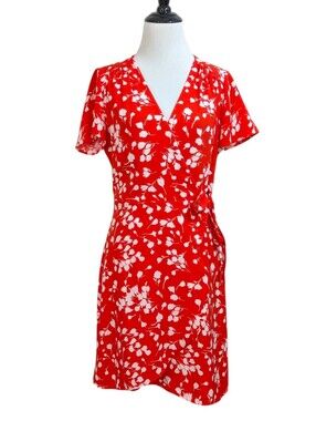 J. Crew True Wrap Dress - Orange & White Botanical Floral Print - Size 2 Womens